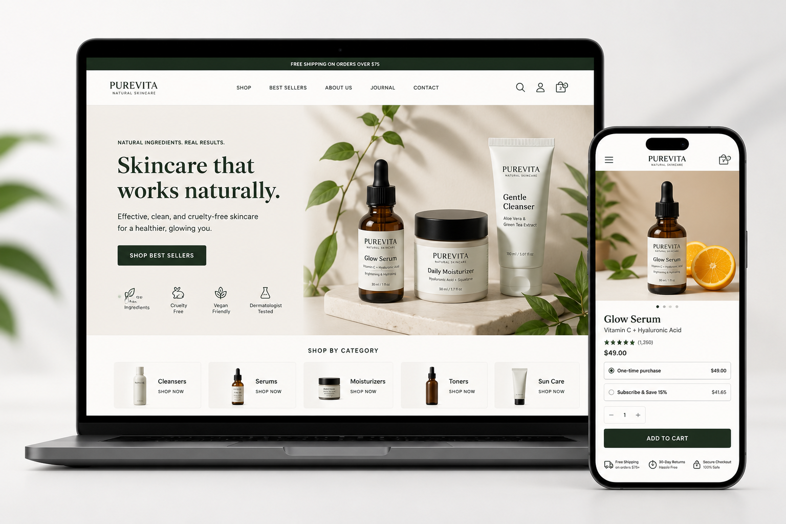 Oritenga Shopify agency work showing desktop store design, product pages, mobile shopping and cart experience