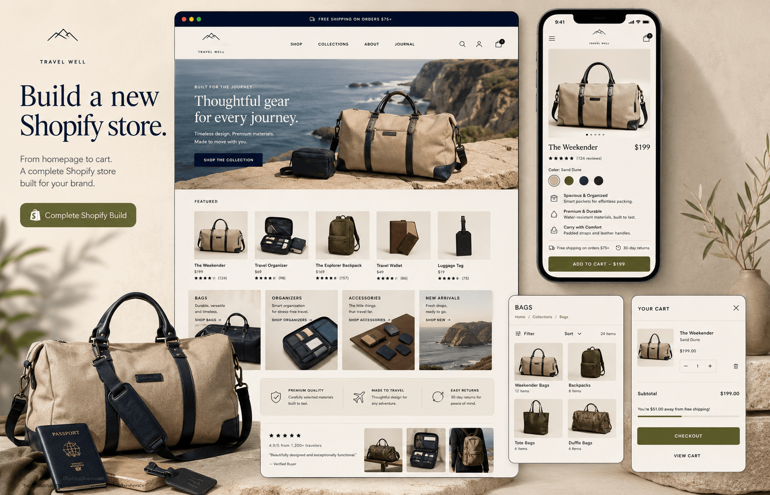 Complete Shopify store design shown across desktop and mobile storefront layouts
