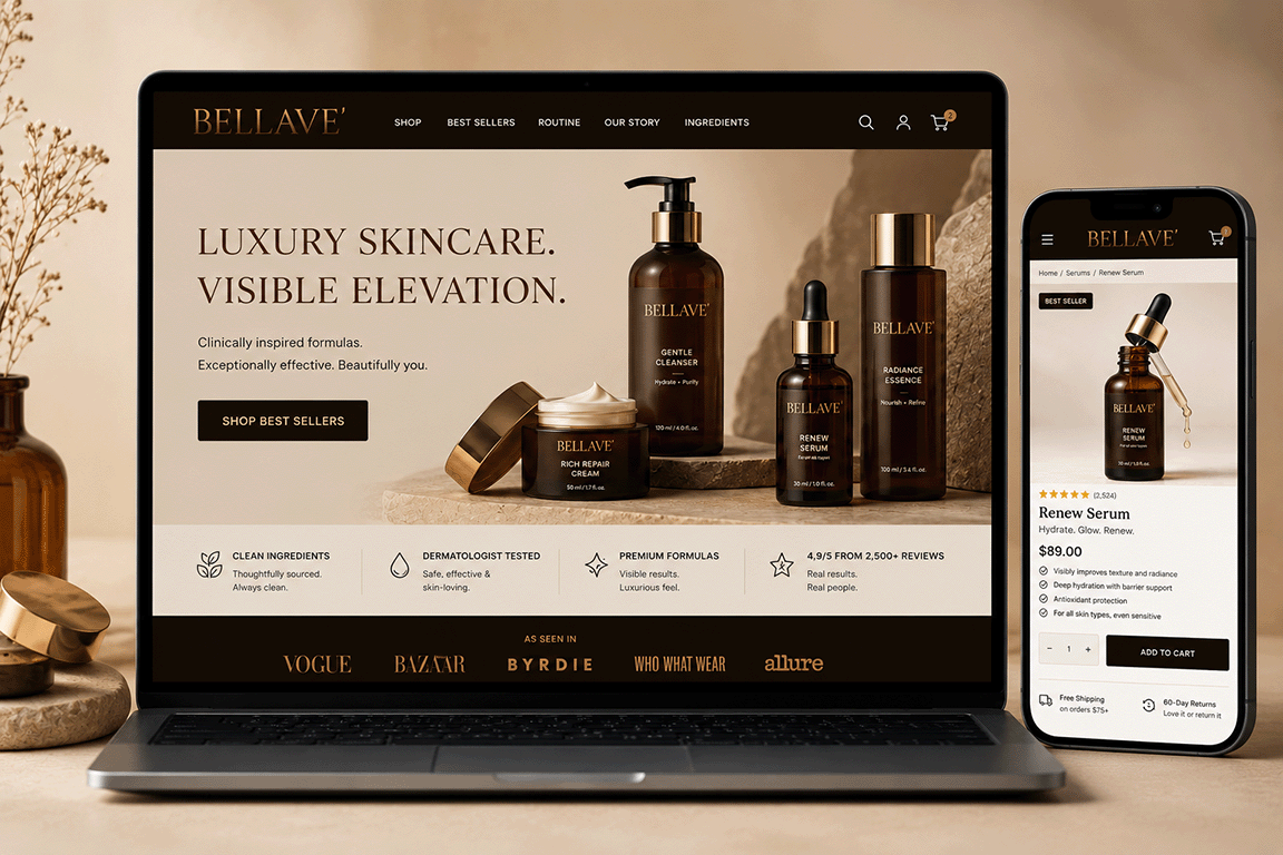 Bellave premium beauty eCommerce experience showing desktop and mobile product pages, ingredient proof, customer reviews and purchase flow