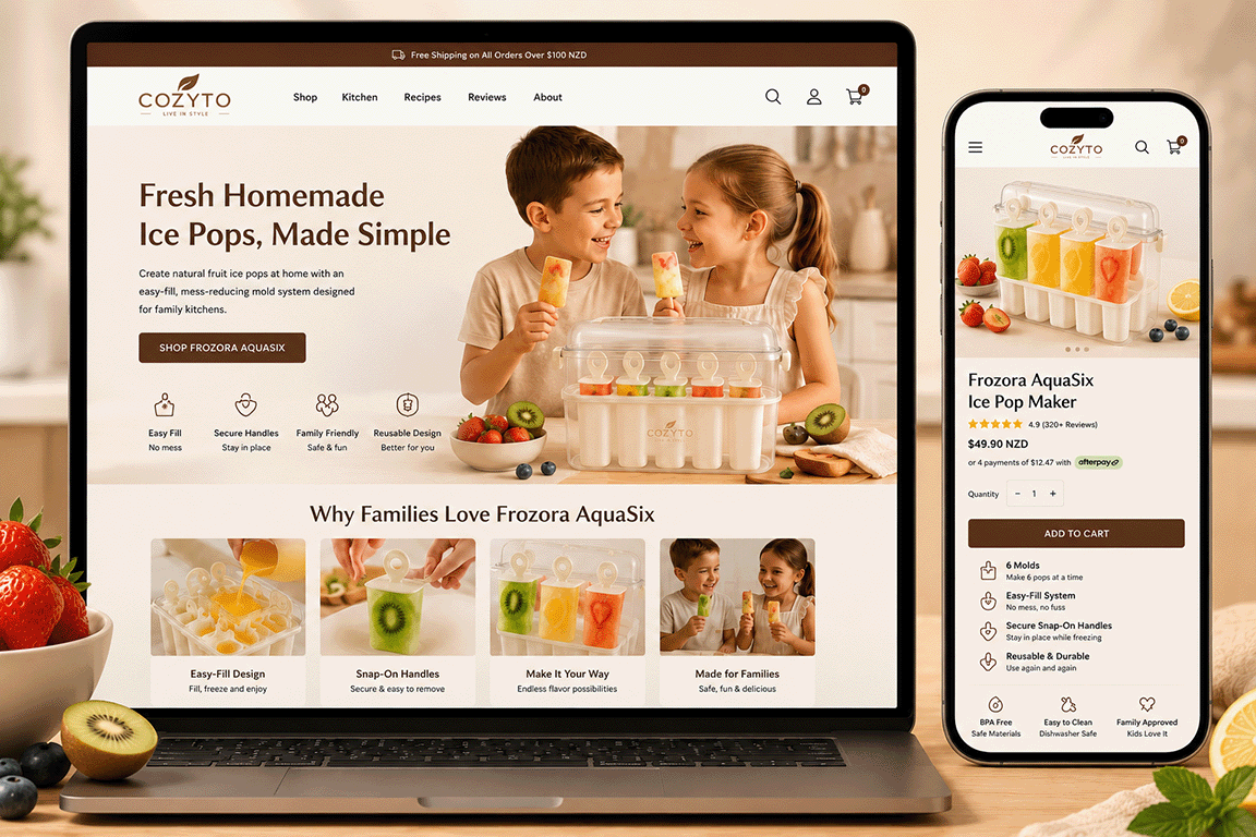 Cozyto Frozora AquaSix eCommerce experience showing the six-mold ice pop maker, product benefits, use-case visuals and mobile shopping