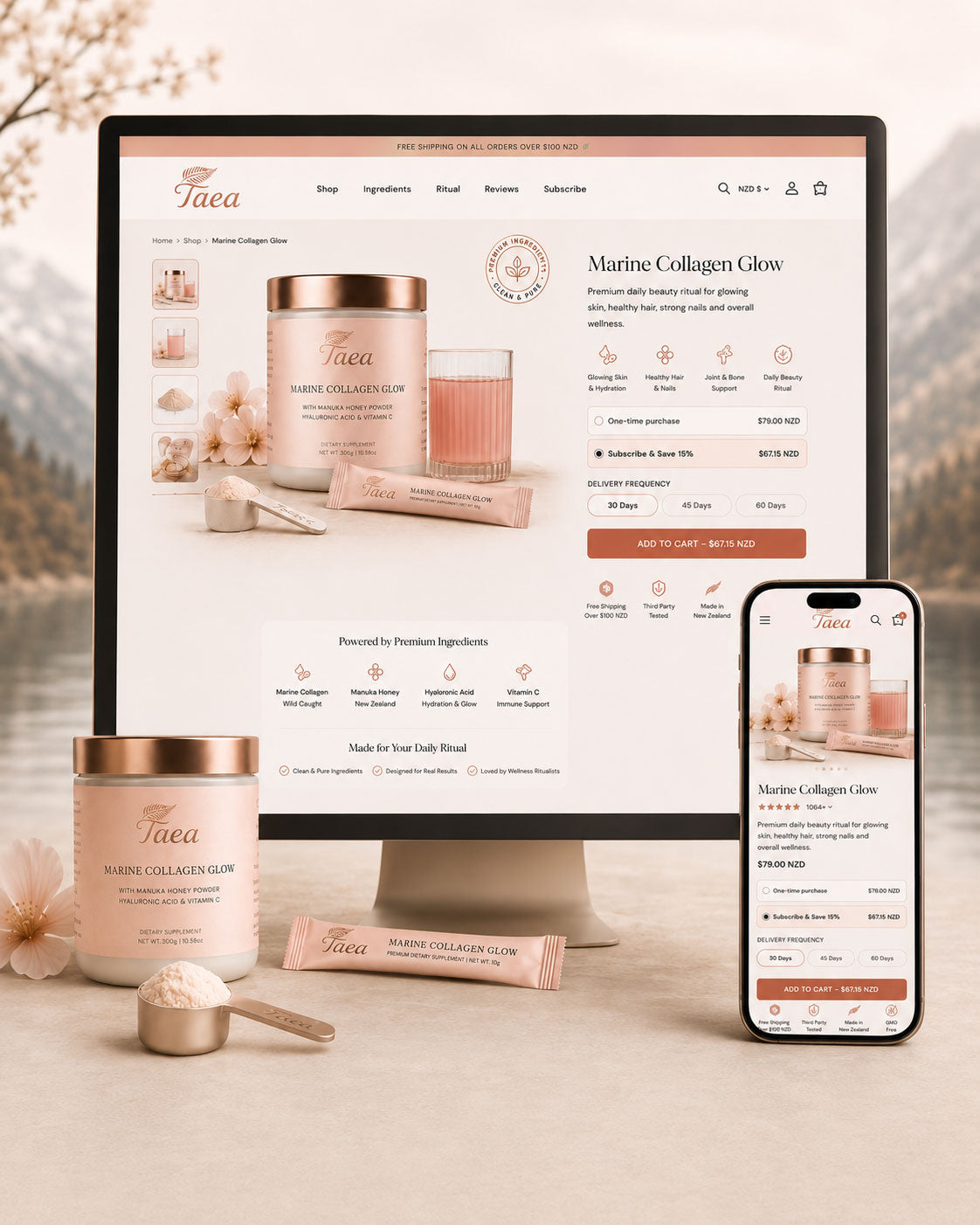 Taea wellness Shopify experience displayed across desktop and mobile screens