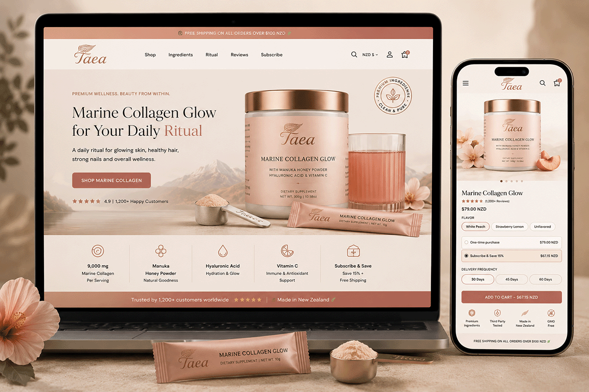 Taea premium wellness Shopify experience showing desktop product page, mobile shopping, subscription selection and customer email journey